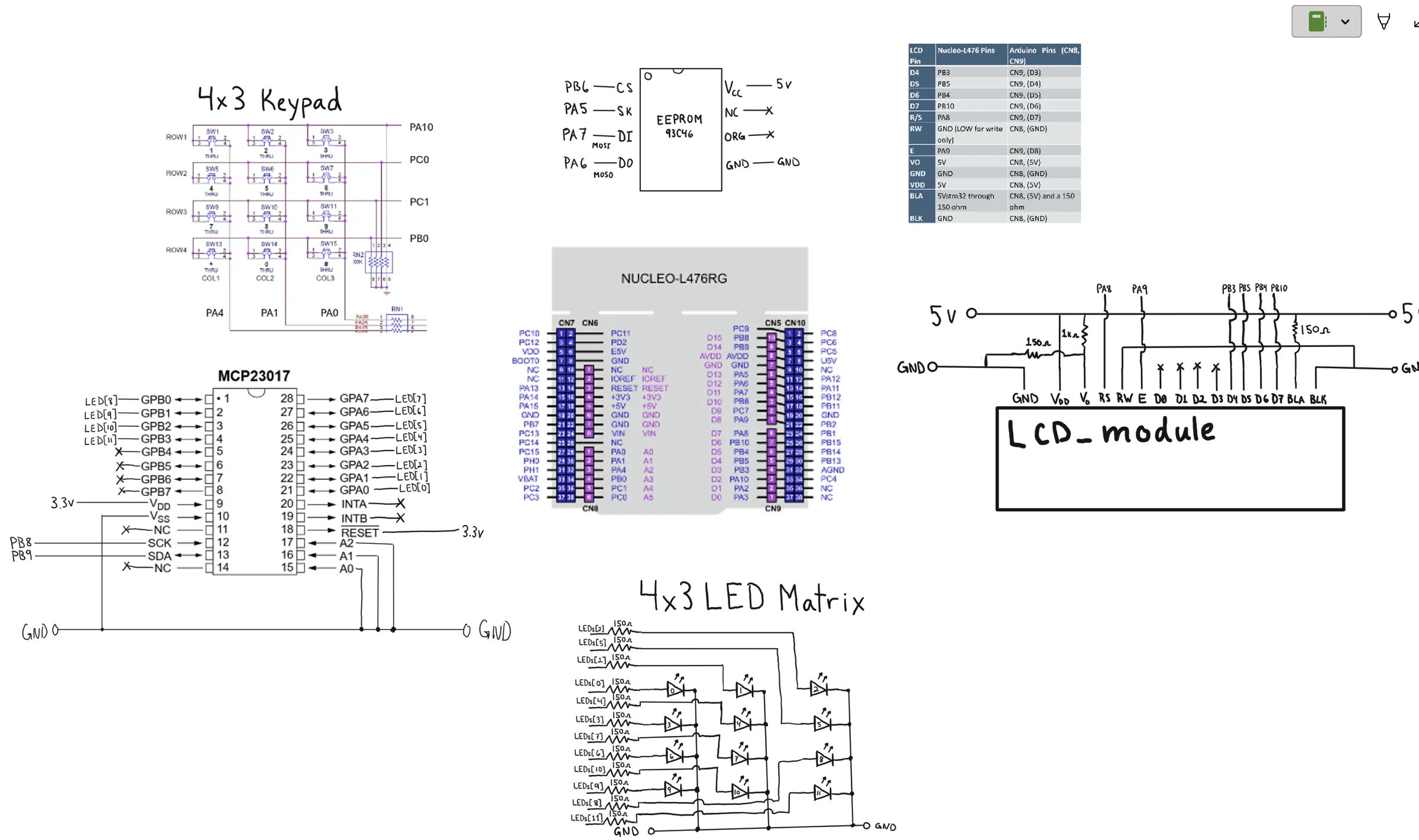 Wiring diagram of the microcontroller, LED matrix, keypad and display.